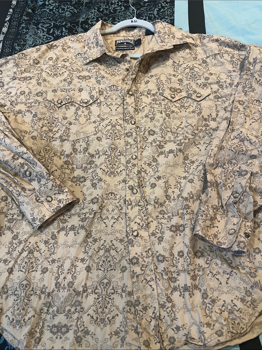 Panhandle Slim Beige Shirt with Brown Damask Print